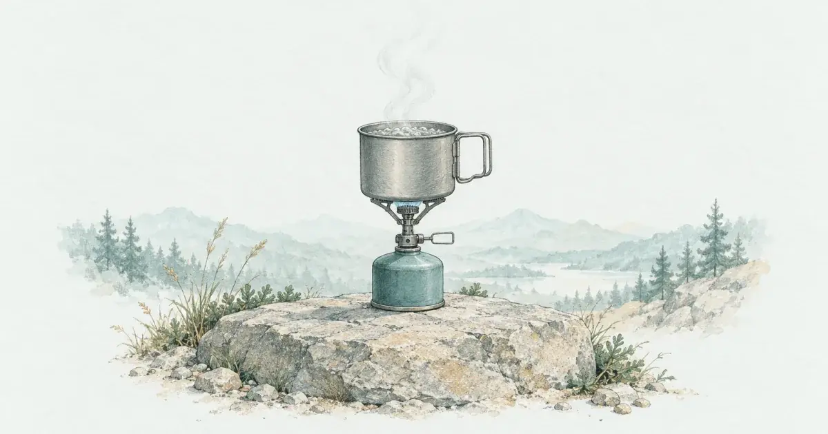 Pencil sketch of an ultralight backpacking canister stove boiling water on a trail rock