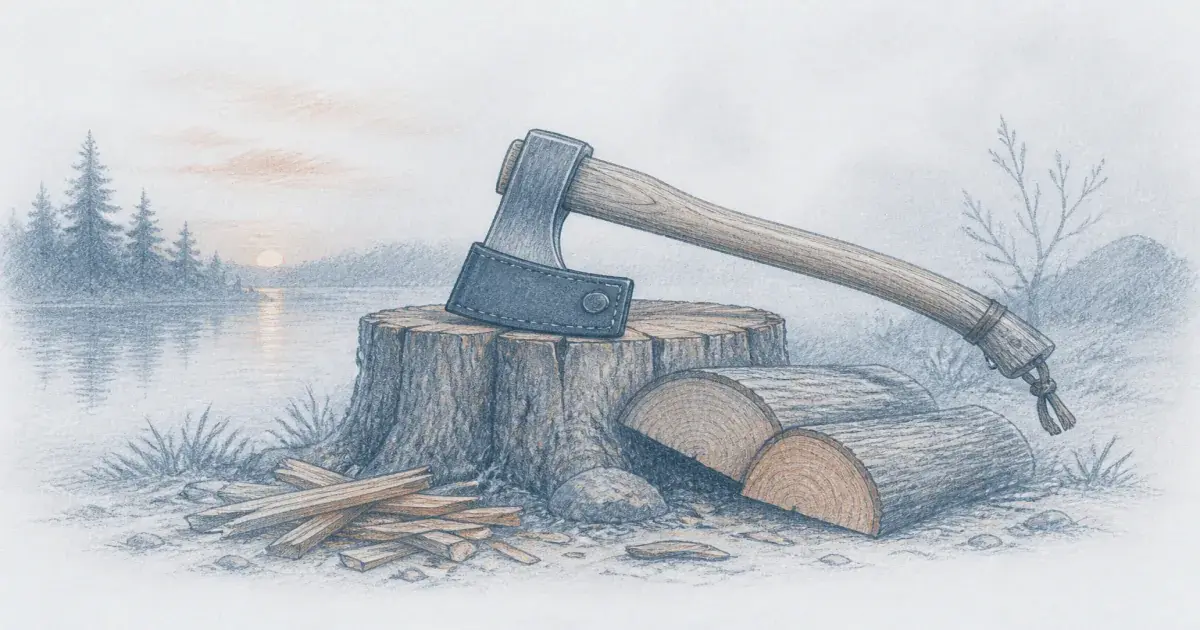 Camping axe and split firewood on a stump near a fire ring at dusk