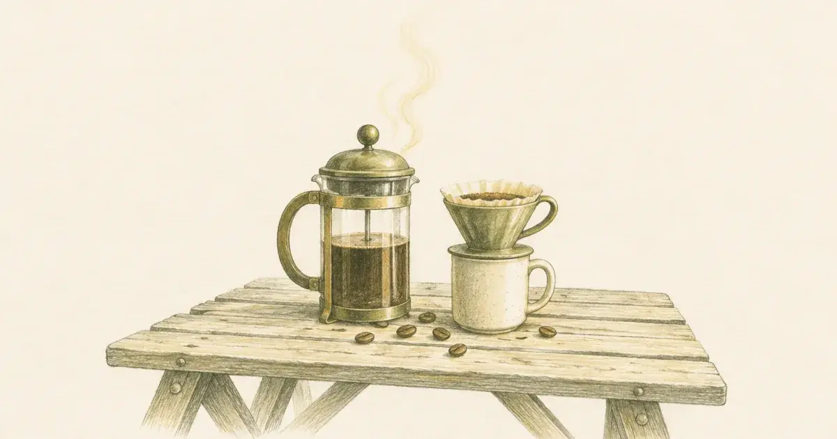 Pencil sketch of a coffee press and pour-over brewer on a picnic table