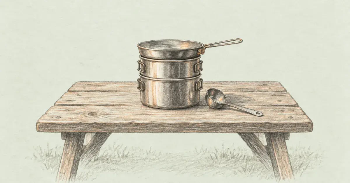 Pencil sketch of nested camping pots and pans on a picnic table