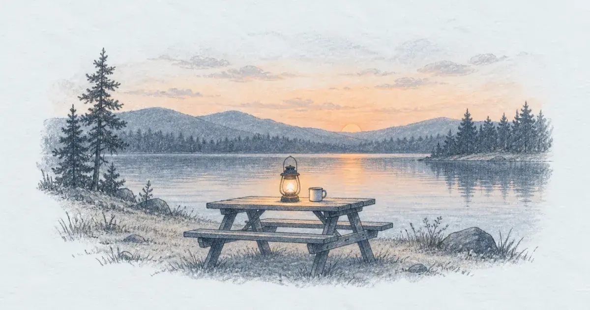 Pencil sketch of a glowing camping lantern on a picnic table