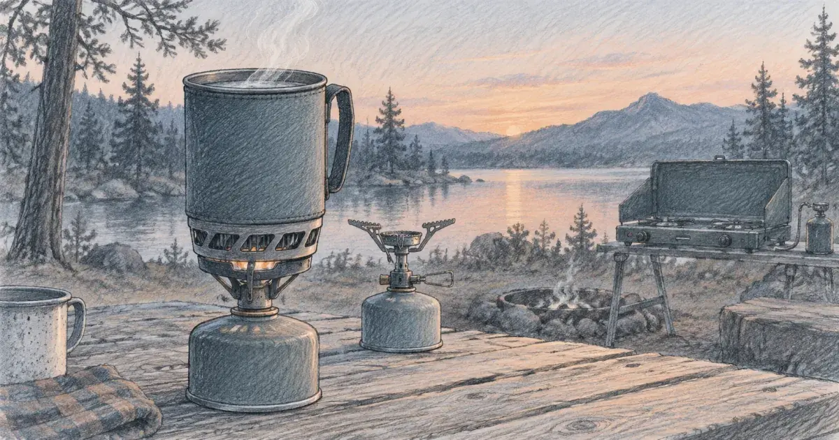 Pencil sketch of a canister camping stove boiling water on a picnic table