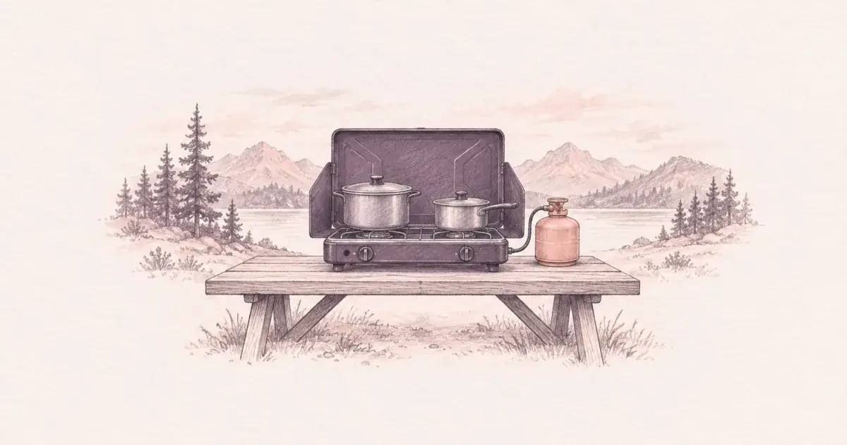 Pencil sketch of a two-burner propane camping stove with two pots on a picnic table