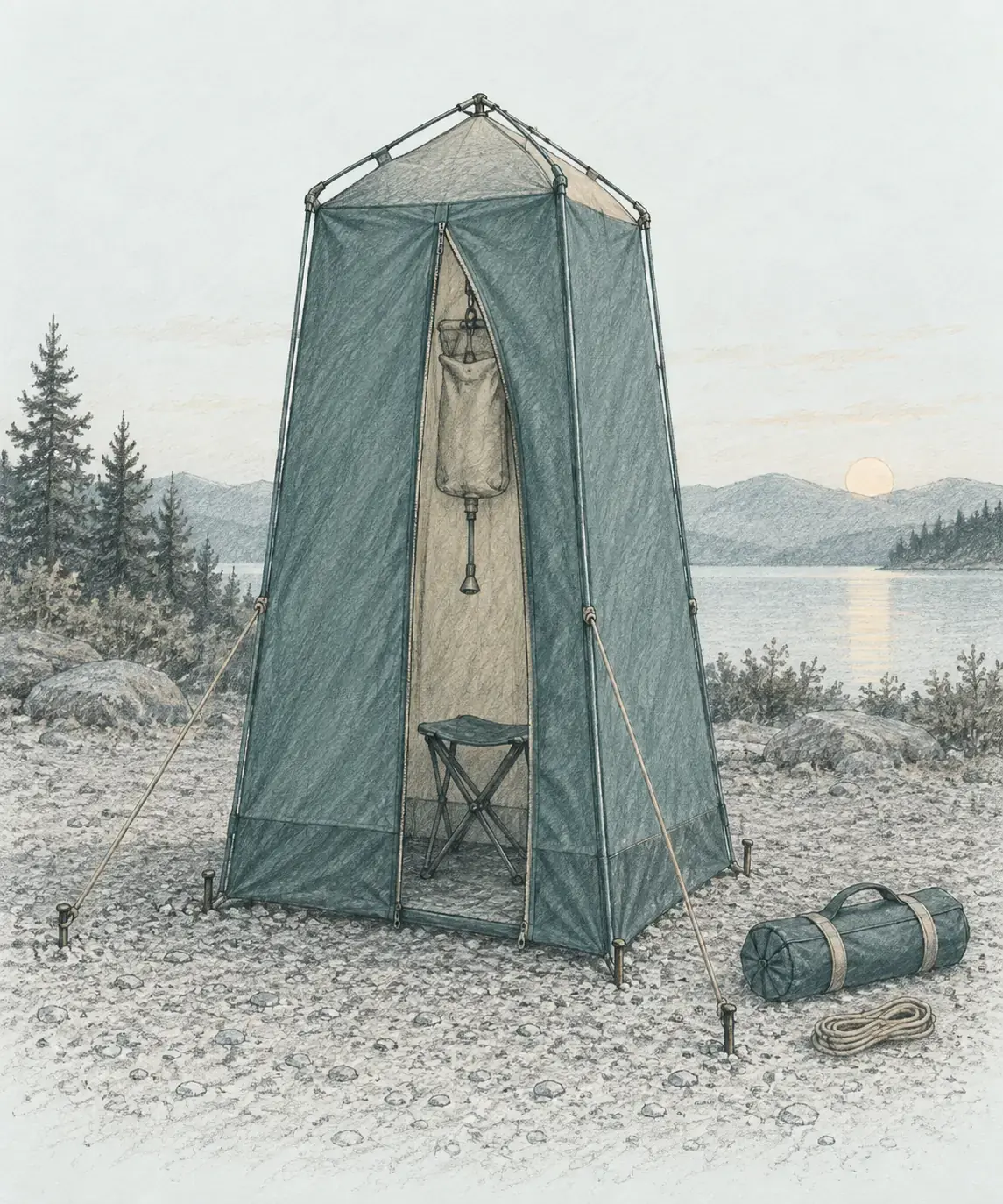 Pencil sketch pastel illustration of a pop-up privacy shelter with a shower bag hanging inside and stakes beside it