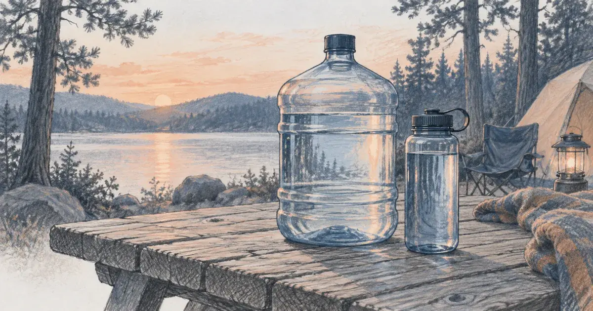 Camp water needs calculator beside a water bottle and a full water jug on a picnic table