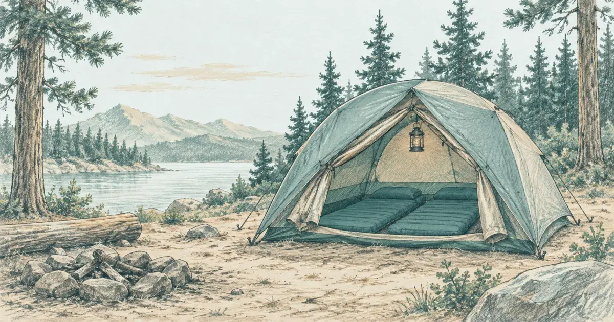 Tent size calculator shown beside a pitched tent with two sleeping pads inside