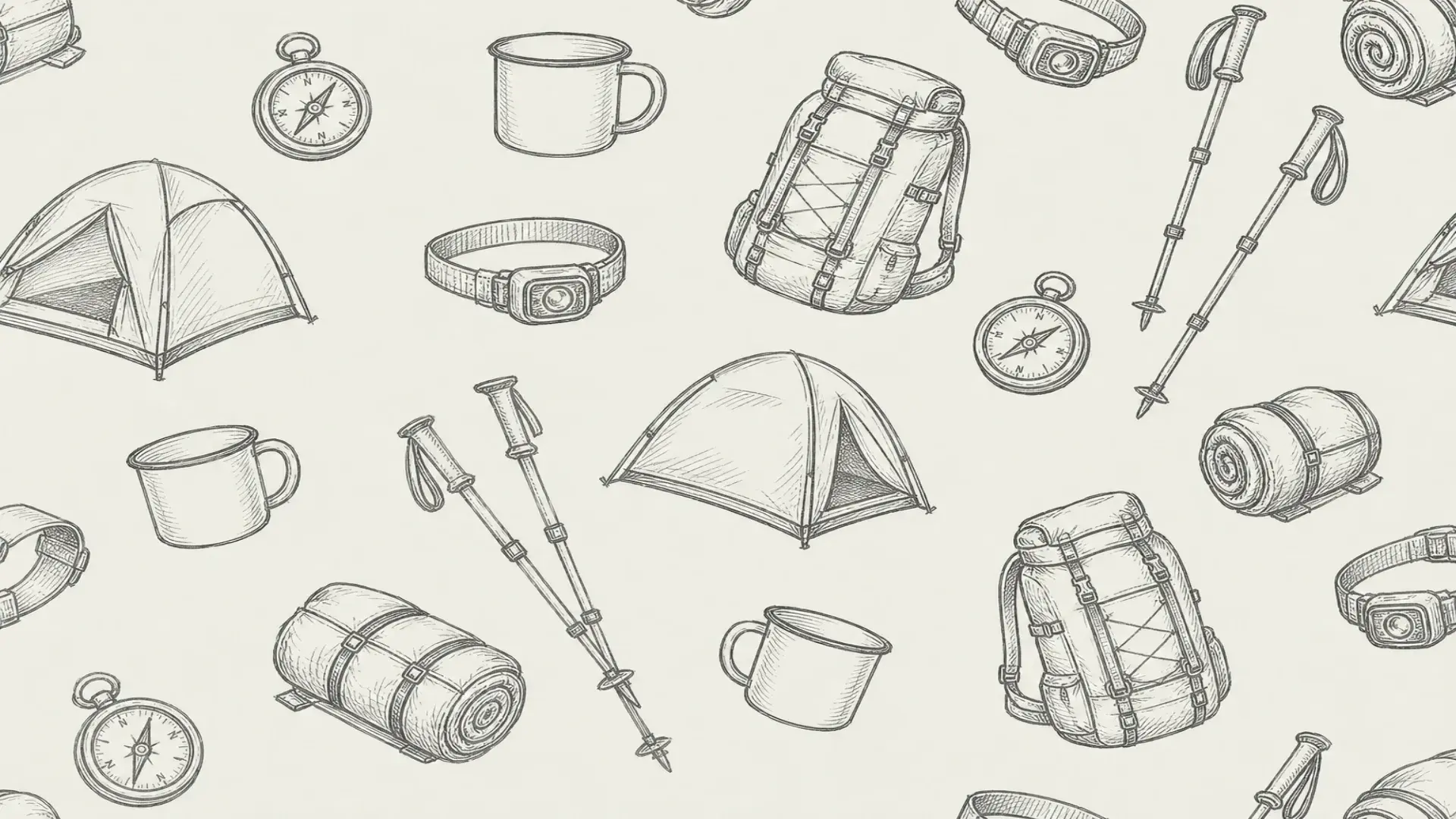 Monochrome pencil sketch pattern of camping gear on moss cream paper