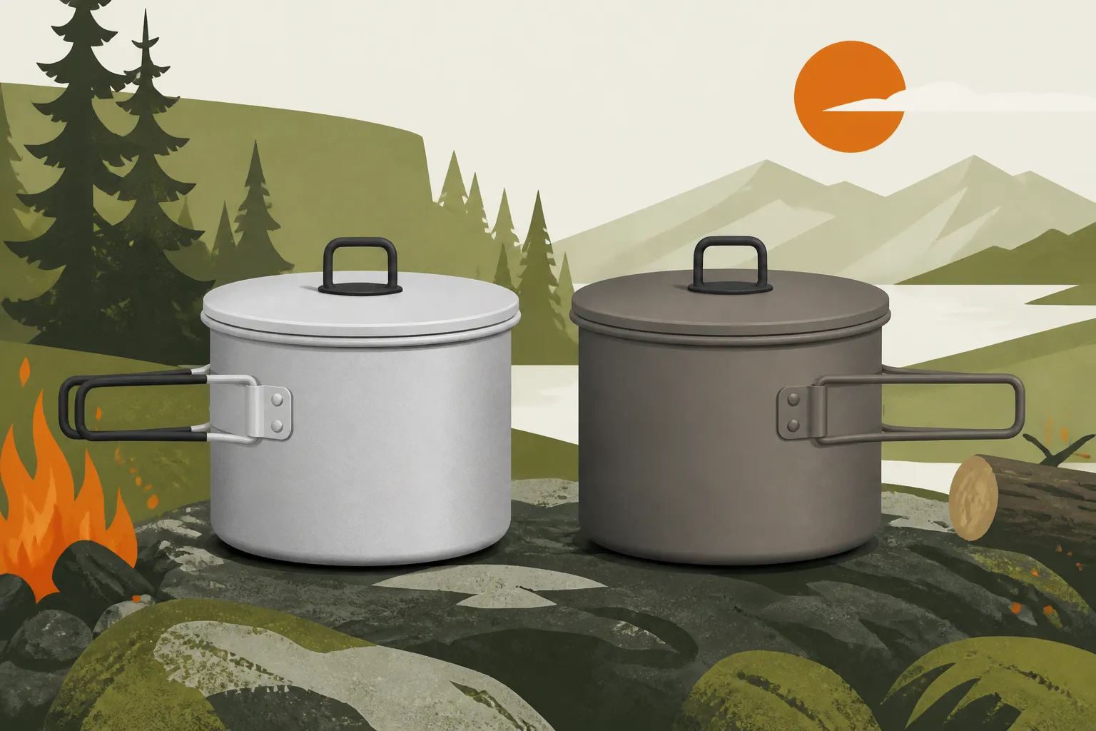 Aluminum and titanium camping pots side by side on a camp stove