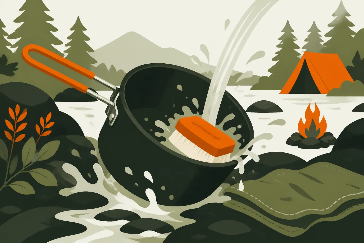 Camper cleaning a camping pot in a two-bin wash station at a picnic table